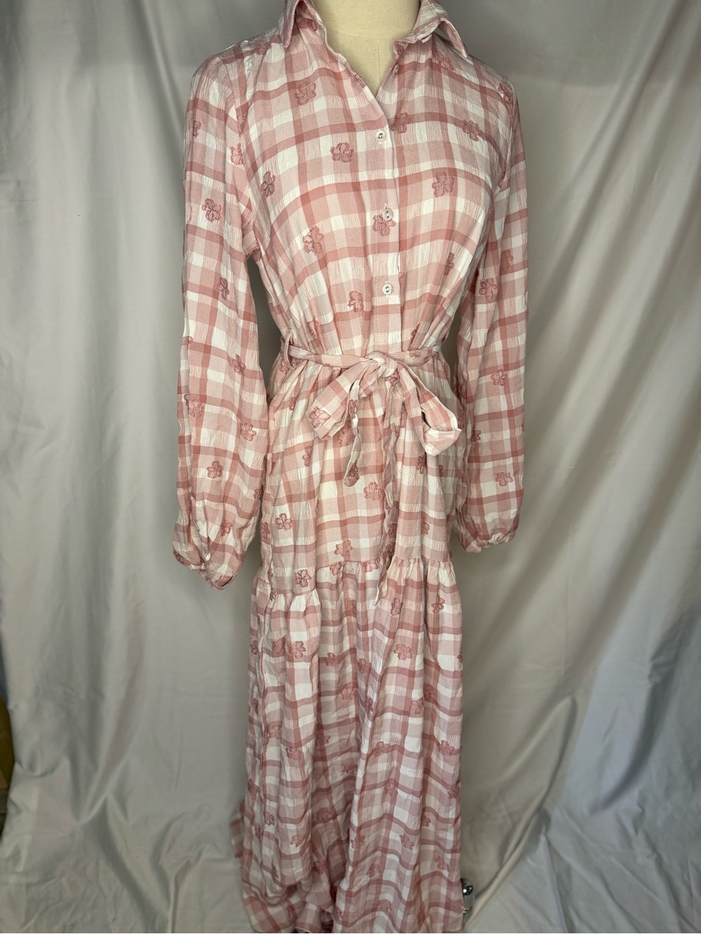 Benin Women's Pink Plaid Tie-Waist Shirt Dress